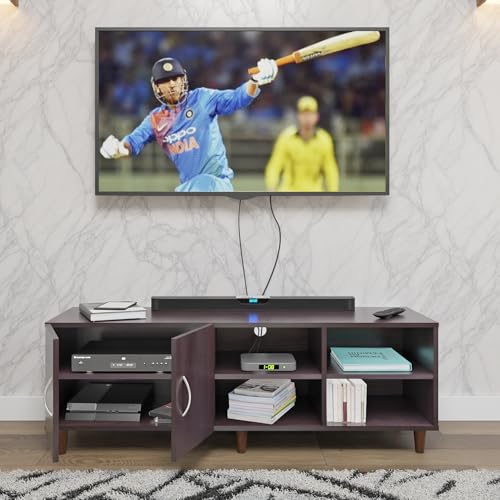 Image of VIKI Modern TV Unit for Living Room | Engineered Wood TV Cabinet with 2 Door Storage & 2 Open Shelves, Set Top Box Stand, Entertainment Unit, 140W x 48H x 40D cm | DIY | 1 Year Warranty (Wenge)
