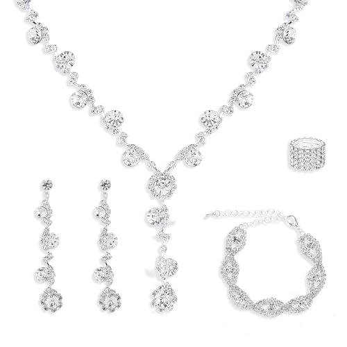 Juego de 4 Piezas Joyería Para Novia Collar Diamantes Imitación Aretes Pulsera Anillo Joyería De Boda Juego Joyas Diamantes Imitación Para Mujeres/Novias/Damas