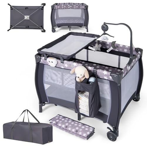 Costway Cuna Bebe 3 En 1 Con Cambiador De Pañales, Parque Infantil Portátil Para Bebés Con Moisés Desmontable, Cuna De Viaje Plegable Con Barra De Juguetes Giratoria, Colchón, Bolsa De Transporte