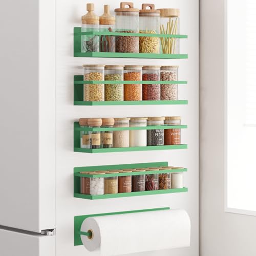 Image of Magnetic Spice Rack For Refrigerator Magnetic Fridge Shelf For Kitchen Spice Organizer Magnetic Shelf For Fridge Space Saving Green 4 Pack With Magnetic Paper Towel Holder