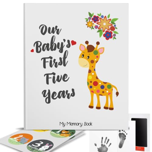 Novarena First 5 Years Baby Memory Book Journal Scrapbook 48 Pack Monthly Milestones Stickers & Clean-Touch Baby Safe Ink Pad