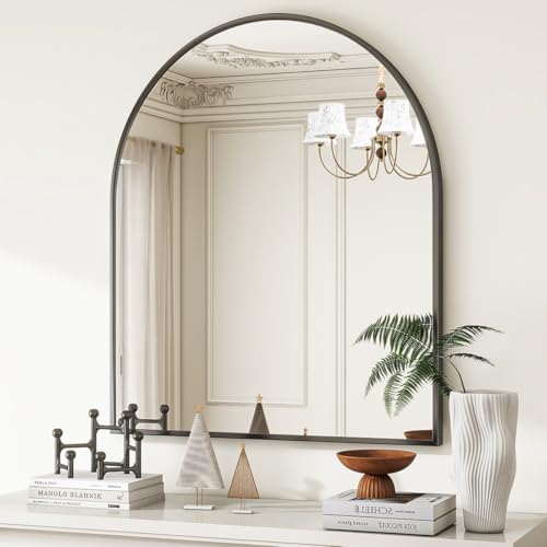 Image of VooBang Arched Wall Mirror, 26 x 28 inch Arch Bathroom Mirror, Wall Mounted Vanity Mirror with Arch Metal Frame, Modern Bathroom Vanity Mirror for Bedroom, Living Room, Hanging or Leaning, Black