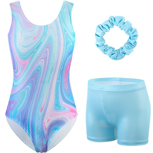 HOZIY Girls Gymnastics Leotards Outfits Sparkly Bow Back Unitards Biketard with Tumbling Shorts Hair band Kids 3-10 Years