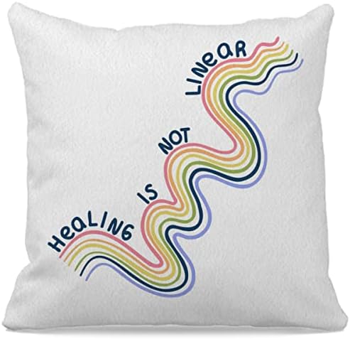 Colorful Curve Lines Healing is Not Linear Decorative Throw Pillow Cover 18″×18″, Inspiration Quote Decorations for Couch Sofa Hospital Therapy Office, Gift for Depressed People Kids Teens