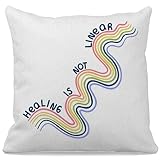 Colorful Curve Lines Healing is Not Linear Decorative Throw Pillow Cover 18″×18″, Inspiration Quote