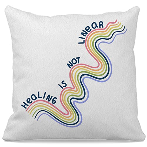 Colorful Curve Lines Healing Is Not Linear Decorative Throw Pillow Cover 18″×18″, Inspiration Quote Decorations For Couch Sofa Hospital Therapy Office, Gift For Depressed People Kids Teens #TOP7