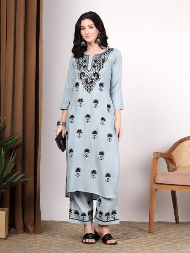 Image of Women Brown Ethnic Motifs Embroidered Lucknowi Chikankari Kurta & Palazzo Sets