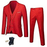 MY'S Conjunto de Traje Ajustado de 3 Piezas para Hombre, Chaqueta de Dos Botones, Chaleco, Pantalones, Corbata, Vestido de Novio, Liso, Esmoquin y Pantalones, Rojo -, XX-Large