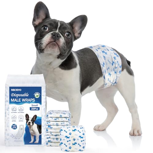 Image of MICOOYO Dog Diapers Male Disposable Super Absorbent Male Dog Wraps Lighter Dogs Diaper Leakproof Puppy Diapers Doggie Diaper with Wetness Indicator (S, 20Counts)