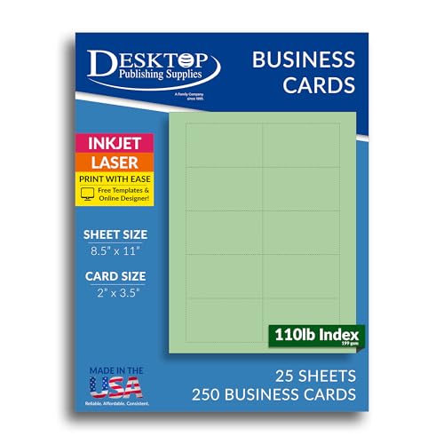 250 Plain Green Business Cards 3.5' x 2' - Printable Colored Blank Business Card Paper Sheets, Micro Perforated Cardstock Business Cards 110lb Index (199gsm) for Inkjet Laser Printers,10UP - 25 Sheets