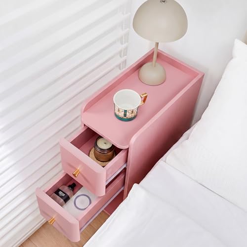 Image of FurSch Narrow Nightstand, Wooden 2 Drawer, Slim Side End Table, Pink, 1 pc