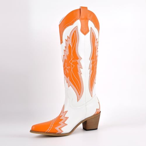 Richealnana Women's Western Cowgirl Knee High Boots Embroidered Cowboy Boots Chunky Heel Fashion Pointed Booties3