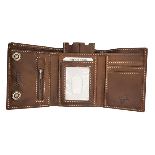 Men's Trifold Chain Wallet, Biker-High Security, ID Window, Credit Card Holder, RFID Safe Leather, YKK Zip Pocket, Snap Closer, Designed in USA (Without Zip Pocket, Rustic Brown J111EH)