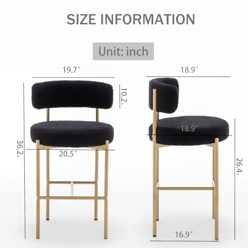 Image of Cinxzar Boucle Bar Stools Set of 4, Black Counter Height Bar Stools with Backs, Gold Modern Barstools for Kitchen Island, Pub, Club