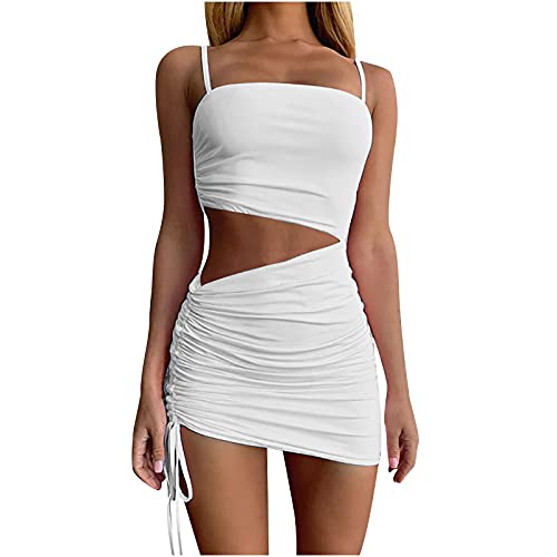 sunnymi Damen Minikleid, Sexy Elegant Rückenfreies Bodycon Kleid Spaghetti Strap Stretchy Kordelzug Partykleid Bar Club Crop Tops Kurz Trägerlos Kleid Hoch Split Cocktail Outfits Abendkleid Cover