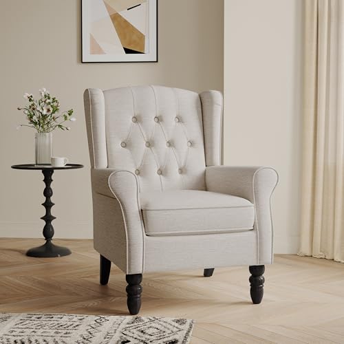Blissabod Accent Chair, High Back Upholstered Chair with Button Tufted, Mid-Century Modern Comfy Wingback Chair Reading Armchair in Fabric for Living Room for Bedroom, Office-Beige