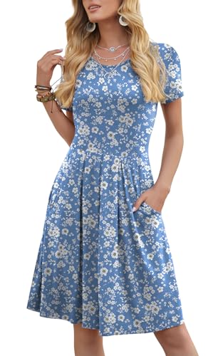DouBCQ Women's Casual Short Sleeve Pleated Dresses Daisy-Light Blue M