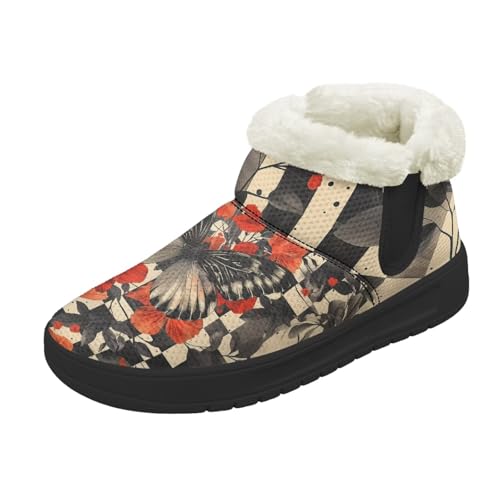 Binienty Checkerboard Butterfly Winter Boots Womens Short Fuzzy Warm Comfortable Ankle Booties with Anti-Slip EVA Sole Women Trendy Fall & Winter Footwear, US 5.5