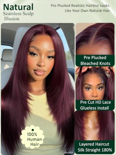 Image of KLAIYI Black Cherry Layered Straight 7x5 Pre Cut Lace Front Wigs Human Hair Bye Bye Knots Glueless Ready to Wear Go Wig Pre Plucked Pre Bleached Dark Burgundy Wine Red Beginner Wig 180% Density 22Inch