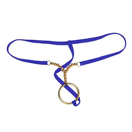 FEESHOW Men's C Strap G String Thongs Underwear with Mental O Rings (One Size, Blue Gold)