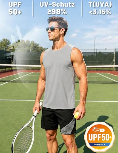 TACVASEN Trägershirt Herren Tanktop Muskelshirt Gym Fitness Baumwolle Laufshirt Ärmellos UPF 50+ Sommer Hellgrau L 4
