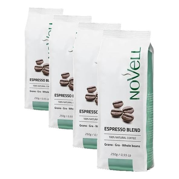 NOVELL – Café Espresso Blend Café en Grano 250 g | Mezcla Premium Arábica y Robusta | Con Válvula Unidireccional | Café en Grano para Espresso, Moka y Filtro (Paquete de 4)