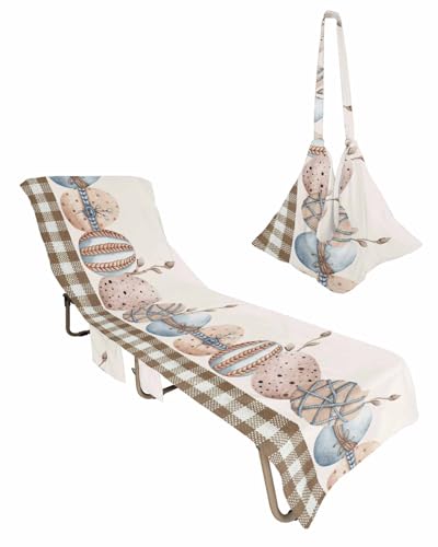 Spring Easter Beach Lounge Chair Towel Cover, Soft Chaise Lounge Towel with Side Pockets Patio Pool Chairs Cover for Beach/Pool Sunbathing 29x85 Brown Plaid Watercolor Easter Eggs