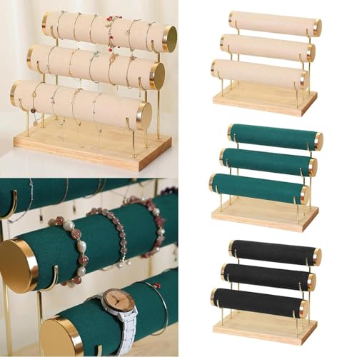 Image of Wooden Metal 3 Roll Cream Gold Metal Chrome Finished Wooden Jewellery Display Stand