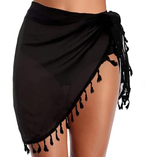 ZILZUFA Schwarz Damen Strand Sarong Tuch Wrap Vertuschung mit Fransen, Wickelkleid Strand Strandtuch Damen, Bikini Cover Up Damen, Strandrock...