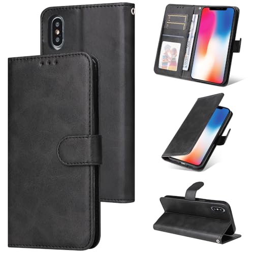 E-Lush Handyhülle für iPhone XS Hülle Leder PU, Magnet Klapphülle Flip Wallet Kartenfach 360 Stoßfeste Schutzhülle für iPhone X Hülle mit Standfunktion, Schwarz