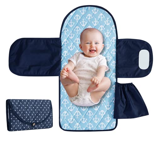 Image of Diaper Changing Pad with Protecting Wraps, Portable Changing Pad for Moms & Dads, Baby Changing Pad as Baby Gifts for Shower, Travel, Newborn Boys, Dark Blue Stars - Light Blue Anchor