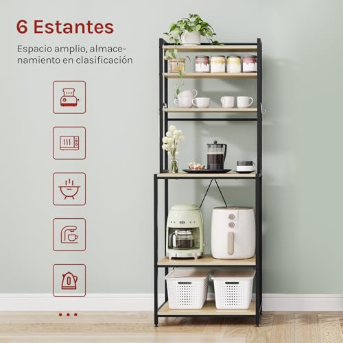 Miniatura 5 de Woltu Estantes De Cocina De 6 Niveles, Estanteria Almacenaje Con 6 Ganchos, Organizador Cocina, Mueble Para Microondas, Metal Madera, 60x40x167 Cm, Roble Claro Negro