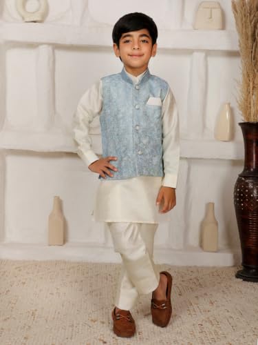 Image of Pro-Ethic Style Developer Kids Kurta Set For Boys With Waist Coat, Ethnic Wear for Diwali, Eid, Raksha Bandhan, Jacquard, Floral Print (Pack of 1)