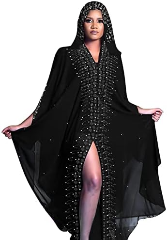 IWEMEK Women Open Front Loose Fit Batwing Long Sleeve Abaya Dubai Kaftan Turkish Muslim Hijab Dress Cardigan Chiffon Hooded African Evening Dresses Hot Drilling Maxi Kimono Robe