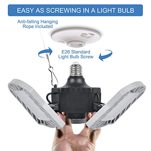 LED Garage Light Deformable Ceiling Lmap,Hansang 60W E26 Base Screw in Garage Light 6000K Daylight 6000LM LED Shop Light Bulbs 3 Adjustable Die-Casting Aluminum Panels 2 Pack(NO Motion Activated)