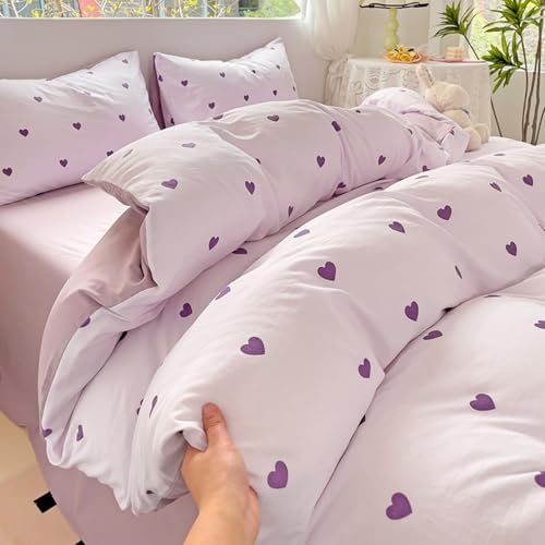 Image of Heart Duvet Cover Full Size Purple Hearts Bedding Set 3 Pieces Reversible Heart-Shaped Comforter Cover Set Soft Breathable Microfiber Quilt Cover with Zipper Closure and 2 Pillowcases