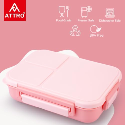 Image of ATTRO Gourmet 3 Compartment Lunch Box Portable Meal Organizer for Office, School BPA-Free, Food Grade, Freezersafe, Microwave & Oven Safe 1700ml Peach, Plastic