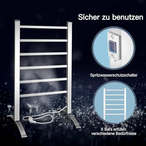 FANTASK 2 in 1 elektrischer Handtuchwärmer, Handtuchhalter mit 6 Stangen freistehend & wandmontiert, 100W Handtuchheizkörper Aluminiumrahmen, Handtuchtrockner Badheizkörper