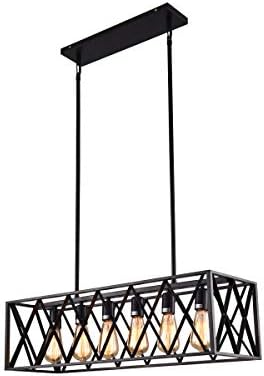 mirrea Vintage Pendant Light Fixture 6 Lights in Rectangle Frame Shade Matte Metal Black Painted Finish
