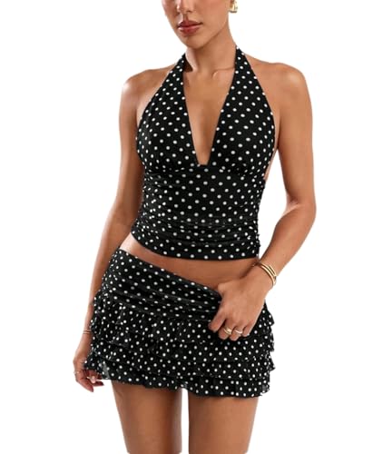THLAI Women Polka Dot Outfits 2 Piece Skirt Sets Halter V-Neck Top and Ruffle Layered Mini Skirt Summer Y2k Vacation Outfits