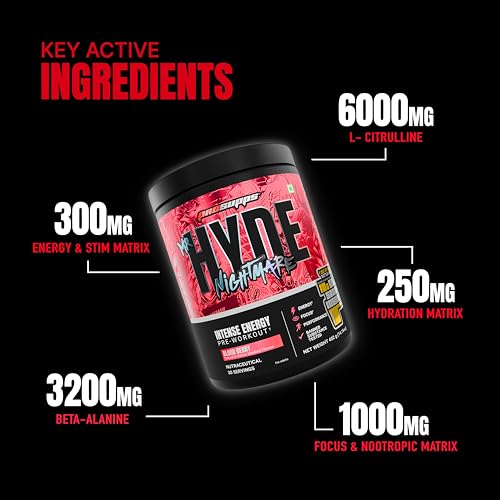 Image of ProSupps Hyde Nightmare Blood Berry Pre Workout Powder, 30 Servings | 6000 mg Citrulline, 3200 mg Beta-Alanine, Nootropics, Electrolytes, FSSAI Compliant, Banned-Substance Screened