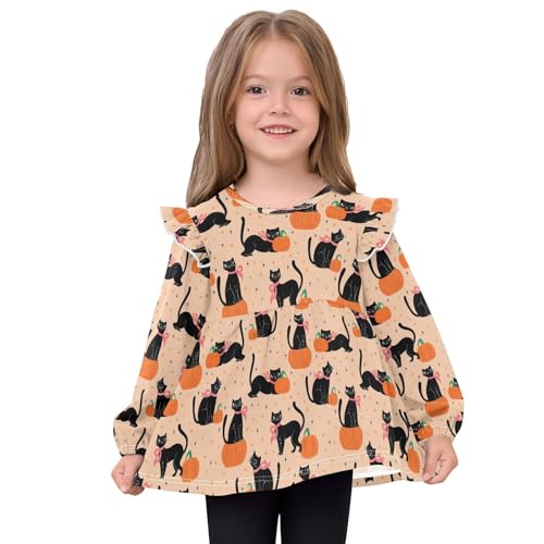 Black Cat Pumpkin Star Girls Shirts Cotton Long Sleeve Ruffle Toddler Tee Tops3