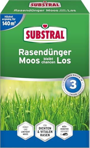 Substral Rasendünger MOOS bleibt chancenLOS, 4,2 kg für 140m² - schnelle Lückenschließung, mit Extra Eisen für sattgrünen & dichten Rasen