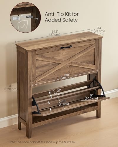 Image of VASAGLE LIRY Collection - Shoe Storage Cabinet Organizer with 2 Flip Drawers, Freestanding Narrow Shoe Rack for Entryway, Farmhouse Style, Fits 12 to 16 Pairs, Honey Brown UHSC201KB01S