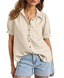 Cicy Bell Womens Puff Short Sleeve Button Down Shirts Summer Casual Collared V Neck Blouse Linen Loose Fit Work Tops Beige