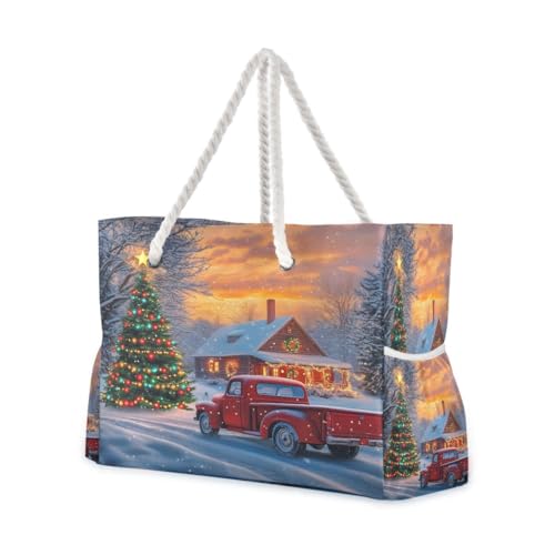Large Beach Bags Totes Canvas Tote Shoulder Bag Car Christmas Tree in Winter Water Resistant Bags for Gym Travel Daily