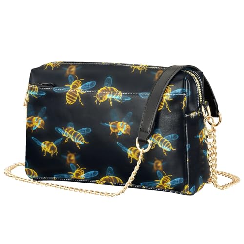 Women Crossbody Bag Shoulder Handbag Cellphone Purse Golden Bees Print, PU Leather Metal Chain Strap Water Resistant Zipper Closure2