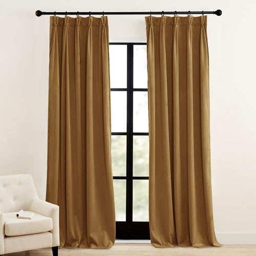 RYB Home Pinch Pleated Velvet Curtains for Living Room, Blackout Thermal Insulated Noise Reducing Vintage Curtains for Dining Room Bedroom, Gold Brown, W34 x L84 inches, 2 Panels - image 1