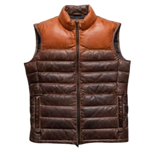 Distressed Brown Leather Motorcycle Puffer Vest with Quilted Two-Tone Design2