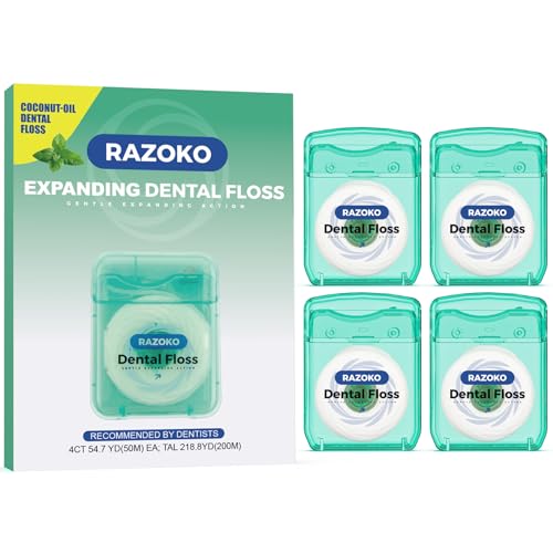 RAZOKO Zahnseide mit Kokosöl - Expandierende Zahnseide für Große Zahnzwischenräume (4 x 50m, Pfefferminz)